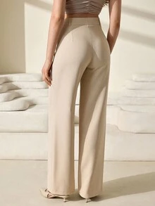 CLARA VERO Women's Solid Color High Waist Toothpick Stripe Design Straight Leg Casual Office Pants - Beige - View 3