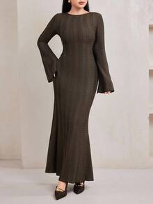 Veilorie 女士端庄优雅提花喇叭袖连衣裙 - 咖啡棕 - 查看 4