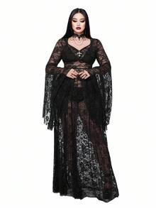 Whyspr 大码连衣裙大码秋冬女装甜心领方领泡泡袖短袖透视性感玫瑰蕾丝紧身A字拼接长裙哥特连衣裙万圣节哥特朋克 - 黑色 - 查看 2