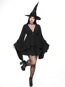 Flirla Đầm phong cách Punk thường ngày cỡ lớn dành cho nữ, đầm ngắn tay dài xếp tầng nhiều lớp, kiểu dáng Gothic, thích hợp cho mùa thu đông. - màu đen - Xem 3