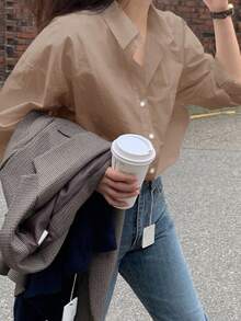 DAZY 秋季休闲百搭纯色长袖衬衫 - 卡其色 - 查看 3