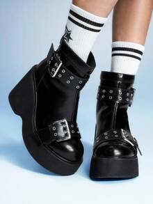 Sugerpunk 女士时尚休闲派对舒适透气踝靴，哥特风双带金属扣后拉链，黑色朋克粗跟踝靴 - 黑色 - 查看 4