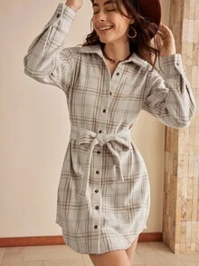 Wildy Women's Christmas Clothes Fall Dress Women's Fashionable Casual Plaid Print Single-Breasted Short Dress Plaid Dress Women Shirt Dress Western Dress Button Up Dress Long Sleeve Going Out Dress Going Out Outfits Plaid Mini Dress New Year Women's Clothes Elegant Dresses - Apricot - View 5
