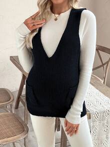 SHEIN Maternity Solid Color Deep V-Neck Dual Pocket Casual Loose Knit Vest, Autumn/Winter - Black - View 5