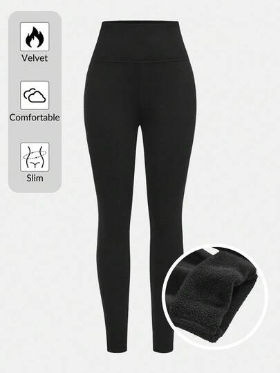 SHEIN Girlism Leggings termici a costine con vita elastica, colore nero tinta unita, adatti per ragazze adolescenti, per l'autunno/inverno