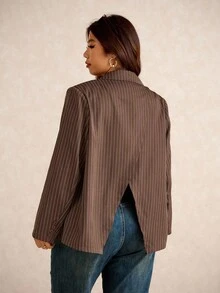 Elaquor Blazer informal de manga larga holgado a rayas de estilo retro para mujer de talla grande, conjunto de ropa de mujer con blazer marrón, ropa de mujer para otoño e invierno