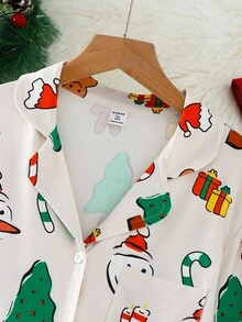 Teen Girl Christmas Tree & Gingerbread Man Print Long Sleeve Cardigan & Pants Pajama Set Fall Winter - Multicolor - View 4
