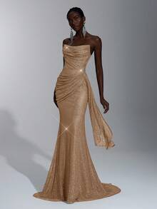 Elitara 优雅的香槟色重彩亮片低胸领口，可拆卸 3D 水钻装饰，侧褶，适合节日、婚礼、派对、毕业典礼、正式活动 - 香檳色 - 查看 4