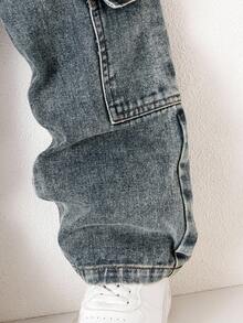 男童休闲宽松直筒撞色缝线工装牛仔裤 - 中等水洗藍 - 查看 3