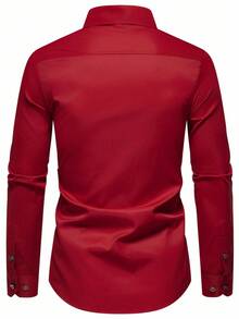 Manfinity Mode Áo sơ mi nam tay dài đơn hàng khuy đơn màu, thường ngày/công sở, mùa thu - Đỏ - Xem 2