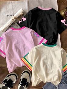 3 件套青少年女孩休闲可爱蝴蝶结、英文数字 23 印花、图形数字 25 图案、数字 19 和卡通动物设计、甜美酷炫运动风格短袖圆领 T 恤，适合夏季 - 彩色 - 查看 2