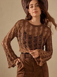 Wildy Fall Country Chic Winter Halloween Women's Casual Bohemian Hollow Out Long Sleeve Sweater Y2k Tops Boho Women Brown Western Wear Bohemian Airport Fall Sweater - Chocolate Brown - View 6