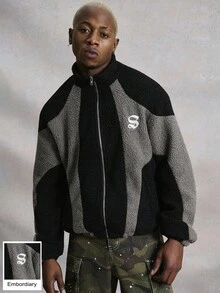 PAVTROS Manfinity Streetrush Men's Casual Street Style Contrast Color Teddy Fleece Zip-Up Jacket,Men's Contrast Color Teddy Fleece Zip-Up Jacket, Black And Gray Patchwork Embroidered Streetwear, Autumn And Winter Outerwear, INS Streetwear, Halloween Clothing, Men Clothes, Men Jacket&Coats, Unisex Style, Rapper Clothing, Boy Friend Gifts, Teddy Velvet, Fleece - Multicolor - View 3