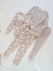 4件套女童柔软舒适贴身睡衣套装，花卉叶子数码印花，休闲圆领长袖上衣和裤子，秋冬季女童家居服套装，花卉睡衣套装，两件套睡衣，女童舒适睡衣套装，两件套嘉年华秋季长袖套装，女童“贴身睡衣”、“紧身”、“贴身” - 杏色 - 查看 2