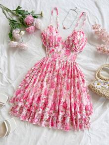 Soleia Women's Romantic Pink Floral Print Chiffon Flowy Sexy V-Neck Ruched Cutout Backless Double Layered A-Line Mini Dress, Suitable For Vacation, Party, Date, Valentine's Day, Afternoon Tea Floral Sundress Floral Summer Dress Spring Dress Rose Dress