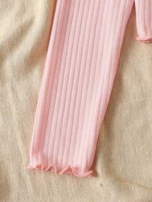 SHEIN Tween Girls' Versatile Casual Ribbed V-Neck Ruffle Trim Button Up Cardigan Sweater, Back To School Fall Winter - Baby Pink - View 3