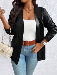 EMERY ROSE Plus Size Women's Front Open PU Leather Blazer Jacket, Autumn Fall Cloth For Women Winter