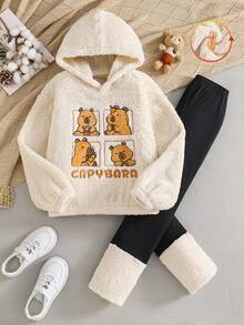 2 件套女童连帽长袖毛茸茸上衣，带有可爱动物刺绣和毛茸茸松紧腰紧身裤套装，休闲日常穿着，秋冬 - 杏色 - 查看 1