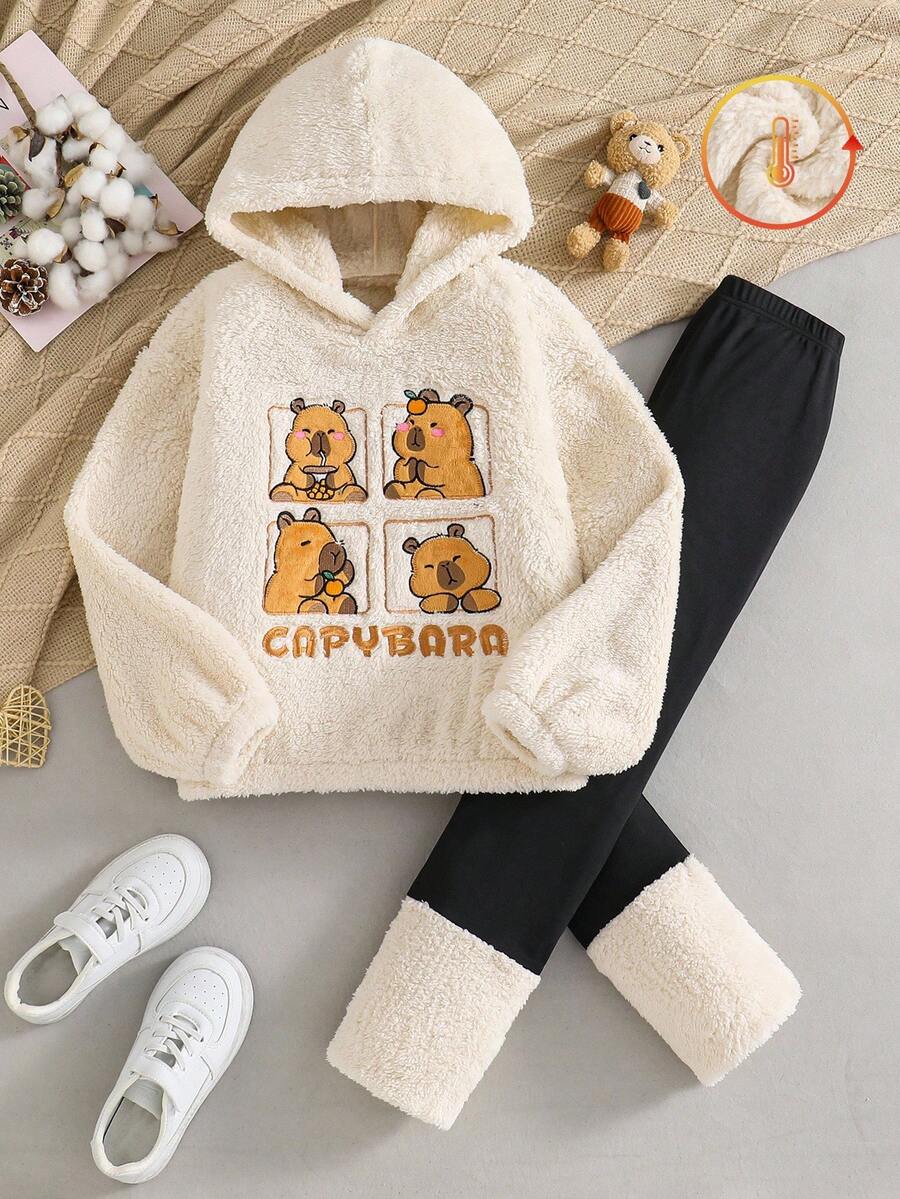 2 件套女童连帽长袖毛茸茸上衣，带有可爱动物刺绣和毛茸茸松紧腰紧身裤套装，休闲日常穿着，秋冬 - 杏色 - 查看 1