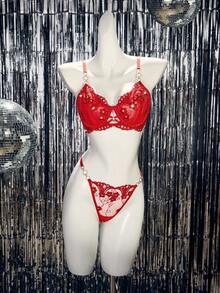 SHEIN 2pcs Sexy Sequin Embroidery Bridal Lingerie Set ,Embroidered Lingerie Set - Red - View 6