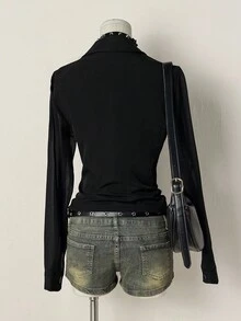 SHEIN Unity 女士纯色网眼拼布单排扣休闲衬衫 - 黑色 - 查看 2