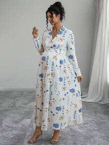 Momance Elegant Floral Print V-Neck Dress For Pregnant Women, Suitable For Commuting - Multicolor - View 4