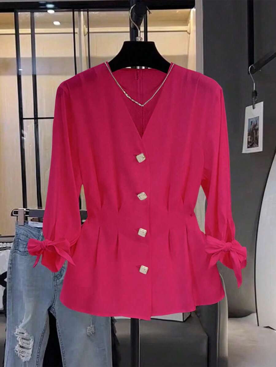 Franclia Áo sơ mi nữ tay lửng, cổ chữ V, thắt eo, buộc dây thường ngày - Màu Hồng Tươi - Xem 1