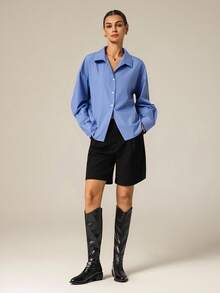 Hanevo 女式蓝色休闲运动 Polo 领简约衬衫 - 藍色 - 查看 5