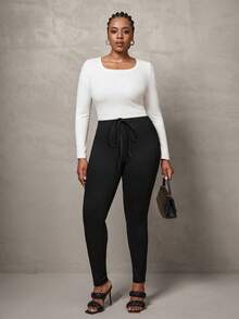 SHEIN Tall CURVE سراويل ضيقة بلون أحادي من الأنسجة المحبوكة المرنة، مناسبة للخريف والشتاء - الأسود - مشاهدة 4