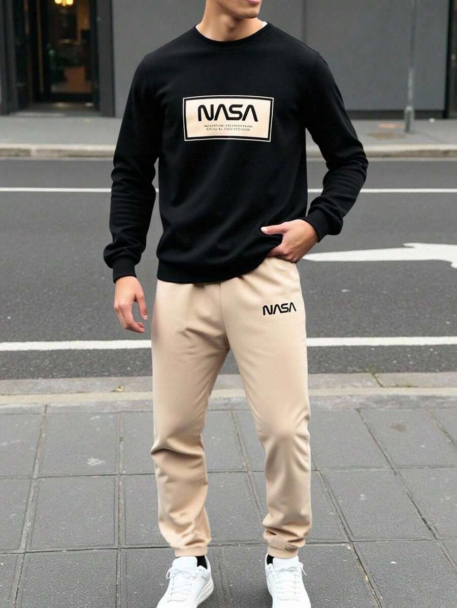 SHEIN 两件套休闲日常青少年男童字母印花圆领宽松卫衣和宽松运动裤针织两件套，秋冬款 - 彩色 - 查看 1