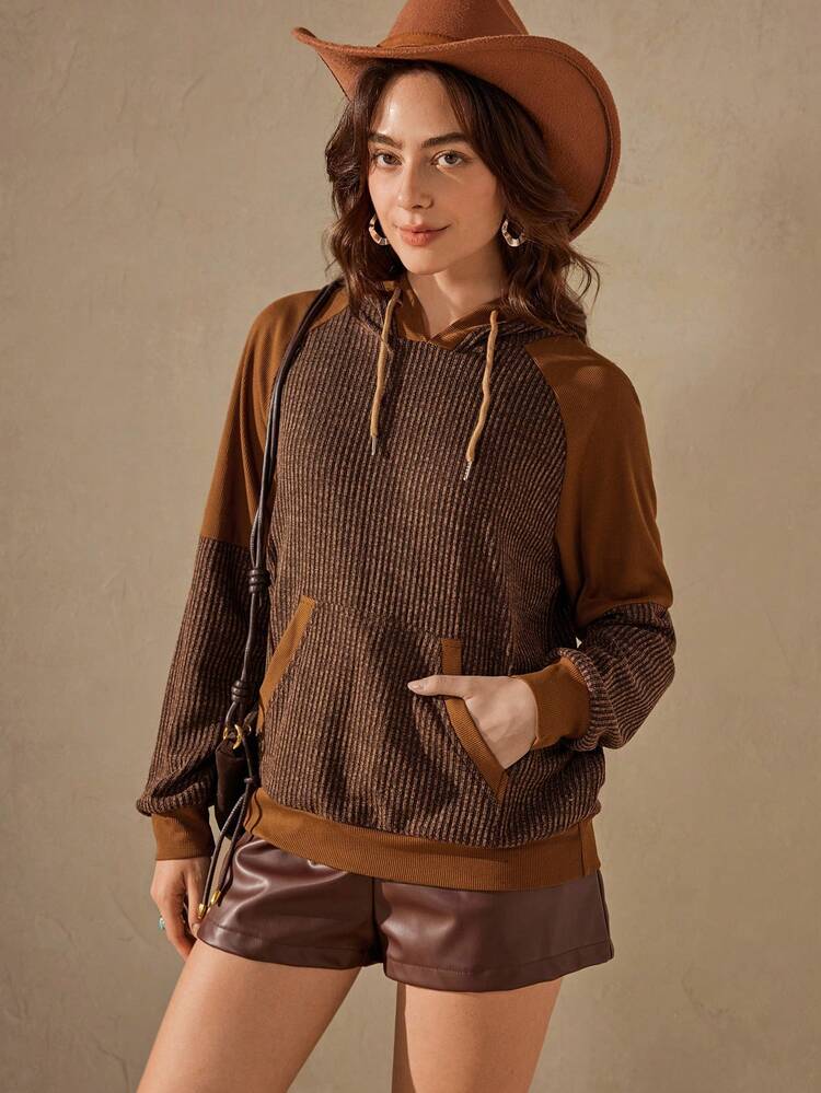 Wildy Women's Autumn/Winter Water-Soluble Lace Patchwork Ribbed Casual Brown Hooded Sweatshirt - Mocha Brown - View 2