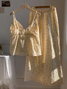 Comfortcana 杏色梭织吊带背心+阔腿碎花裤浪漫家居服套装 - 杏色 - 查看 2