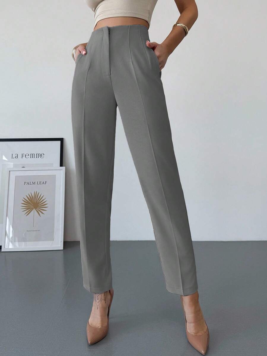 Firerie 女士优雅简约高腰口袋拉链修身杏色九分裤，适合通勤、办公室和日常穿着 - 灰色 - 查看 1