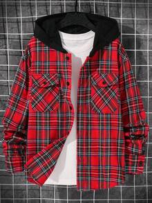 SHEIN Tween-Jungen Lässiges, rot kariertes Weihnachtshemd mit durchgehendem Reißverschluss und Kapuze, langärmlig, geeignet für Weihnachten, Weihnachtsfeiern, Schule, Outdoor, Sport, Versammlungen im Herbst und Winter - Rot - Übersicht 4