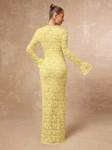 Lumalex Đầm dự tiệc mùa thu kiểu mới dành cho nữ, sang trọng, thanh lịch, kín đáo, phù hợp với giới thượng lưu, lấp lánh, thích hợp cho các buổi tiệc tùng, lễ hội, dã ngoại, nghỉ dưỡng, ngoài trời, nhiều lớp, mùa cưới, tiệc chiêu đãi, lễ trưởng thành, cổ chữ V, viền ren, tay xòe, ôm sát cơ thể cho nữ, kiểu dáng mới mùa thu, thích hợp cho khách dự đám cưới. - Màu vàng - Xem 8