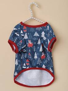 PETSIN Christmas Festival Pet Tee Santa & Snow Print On Navy Blue With Red Trim Holiday Style Dog Clothes - Multicolor - View 6