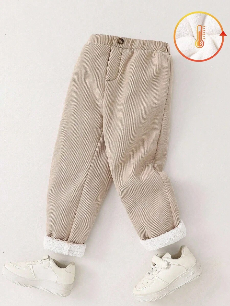 SHEIN 1 条装年轻男童休闲舒适时尚实用可爱柔软保暖灯芯绒面料厚裤子，适合日常穿着、上学、外出、运动、秋冬 - 米色 - 查看 1