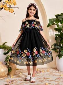 Tween Girls' Ruffle Double-Sided Embroidery Dress - Black - View 1
