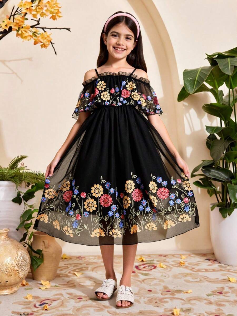 Tween Girls' Ruffle Double-Sided Embroidery Dress - Black - View 1