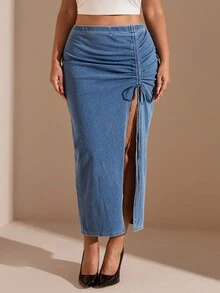 SHEIN BAE Spódnica mini z jeansu w dużym rozmiarze, swobodna, elastyczna, z rozcięciem z boku, plisowana, niebieska