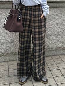 FRIFUL 女士格子阔腿撞色保暖加厚长裤，秋季适合万圣节穿着 - 棕色 - 查看 2