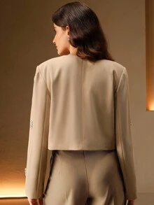 Anewsta Women's Winter Jacket, Luxury Wedding Evening Dress, New Fashion 3D Rhinestone Design Short Outerwear, Christmas, Thanksgiving Attire, Sequin Blouse, Fitted Elegant Jacket - Khaki - View 2