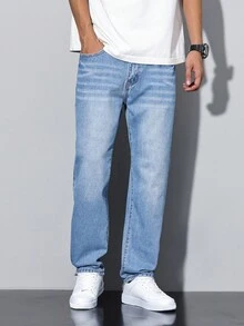 Manfinity Homme Men's Distressed Faded Denim Jeans With Cat Whiskers, Plain Long Washed Straight Leg Navy Blue Cargo Jeans Light Jeans, For Husband, Boyfriend Gifts Going Out College Street Hang Out Sport