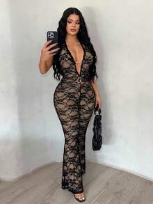 SHEIN SXY 黑色性感蕾丝深V领连体裤 - 黑色 - 查看 3