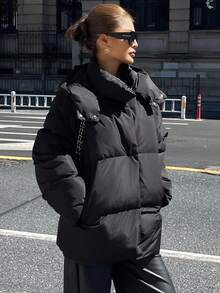 DAZY Jaket Wanita Model Fleece Tebal Longgar Warna Polos dengan Tudung untuk Musim Gugur/Musim Dingin - Hitam - View 14