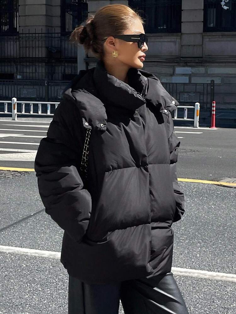 Hooded Solid Color Loose Fleece Thick Autumn/Winter Padded Coat For Women Jacket