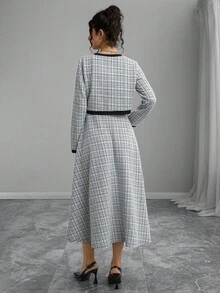 Momance 2 pièces Ensemble de maternité : Top court à manches longues imprimé à carreaux et mini-jupe