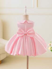 Glamorique Kids Vestido de satén rosa brillante para niña, vestido de niña con cuello Peter Pan, falda de pompones sin mangas con decoración de lazo, vestido de niña de las flores para boda, fiesta de cumpleaños, banquete de otoño e invierno - Rosa - Ver 2