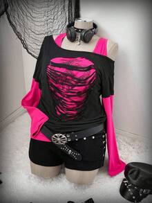 Sunspun Plus Size Oblique Shoulder 2 In 1 Skull Print Contrast Color Long Sleeve T-Shirt Vintage Fall Cloth For Women - Multicolor - View 1