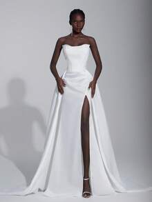 Elitara Elegant Minimalist Heavy-Duty Version Of The Double-Layer Neckline Structure Tummy Pleated Long Skirt, Heavy-Duty Wedding Dress, Evening Dress, Autumn Dress, Robe, Net Dress